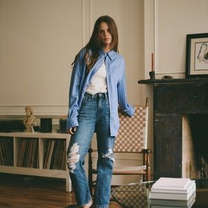 Classic Blue High Rise Dad Jean Distressed